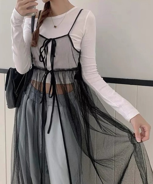 shopnikoniko(ショップニコニコ)の「ワンピース 夏 前後2WAY チュール レイヤードキャミワンピース(ワンピース・レディース・ブラック/ホワイト・フリー)」の7枚目の写真