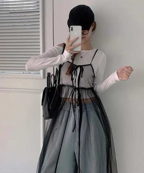 shopnikoniko(ショップニコニコ)の「ワンピース 夏 前後2WAY チュール レイヤードキャミワンピース(ワンピース・レディース・ブラック/ホワイト・フリー)」の8枚目の写真