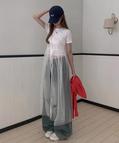 shopnikoniko(ショップニコニコ)の「ワンピース 夏 前後2WAY チュール レイヤードキャミワンピース(ワンピース・レディース・ブラック/ホワイト・フリー)」の6枚目の写真