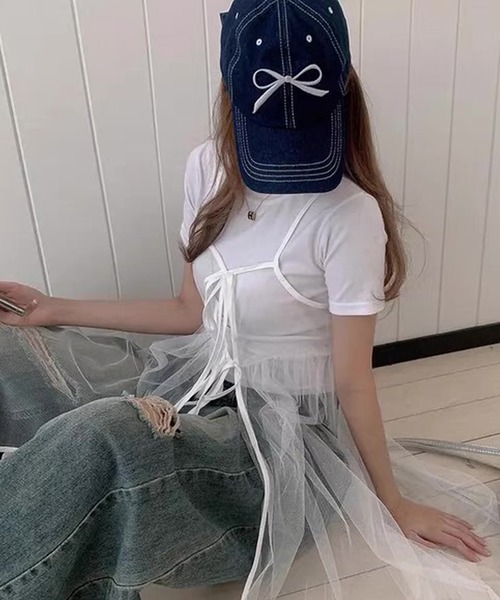 shopnikoniko(ショップニコニコ)の「ワンピース 夏 前後2WAY チュール レイヤードキャミワンピース(ワンピース・レディース・ブラック/ホワイト・フリー)」の3枚目の写真