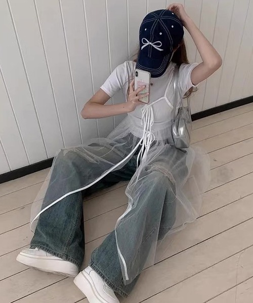 shopnikoniko(ショップニコニコ)の「ワンピース 夏 前後2WAY チュール レイヤードキャミワンピース(ワンピース・レディース・ブラック/ホワイト・フリー)」の4枚目の写真