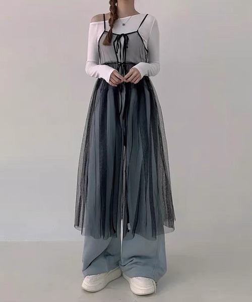 shopnikoniko(ショップニコニコ)の「ワンピース 夏 前後2WAY チュール レイヤードキャミワンピース(ワンピース・レディース・ブラック/ホワイト・フリー)」の10枚目の写真