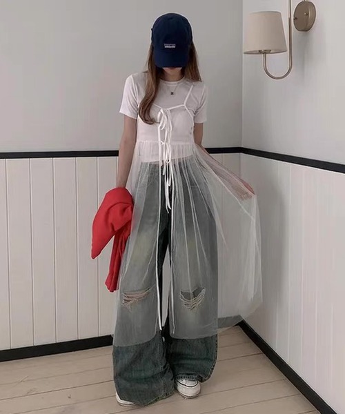 shopnikoniko(ショップニコニコ)の「ワンピース 夏 前後2WAY チュール レイヤードキャミワンピース(ワンピース・レディース・ブラック/ホワイト・フリー)」の5枚目の写真