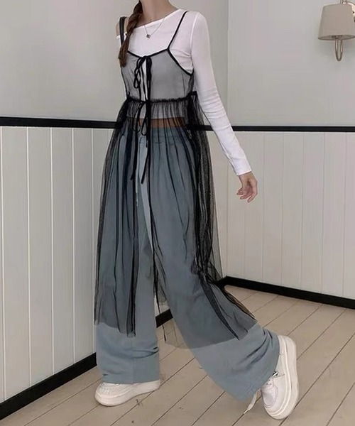 shopnikoniko(ショップニコニコ)の「ワンピース 夏 前後2WAY チュール レイヤードキャミワンピース(ワンピース・レディース・ブラック/ホワイト・フリー)」の9枚目の写真