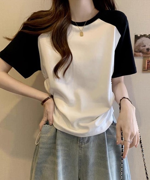 SallyLunn(サリーラン)の「配色ラグランドロストトップス(Tシャツ/カットソー・レディース・ホワイト/カーキ・MEDIUM/LARGE)」の2枚目の写真