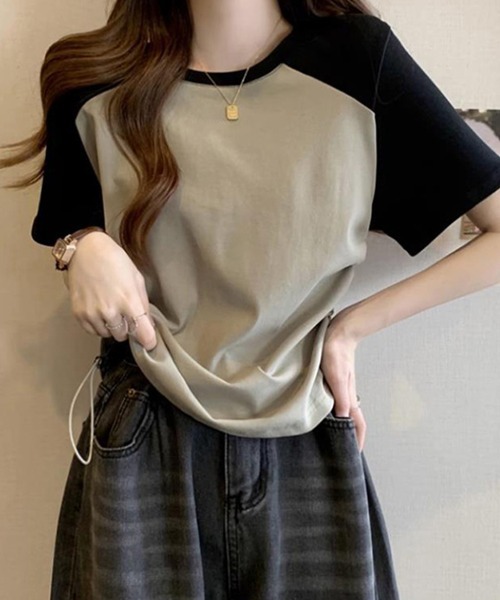 SallyLunn(サリーラン)の「配色ラグランドロストトップス(Tシャツ/カットソー・レディース・ホワイト/カーキ・MEDIUM/LARGE)」の1枚目の写真