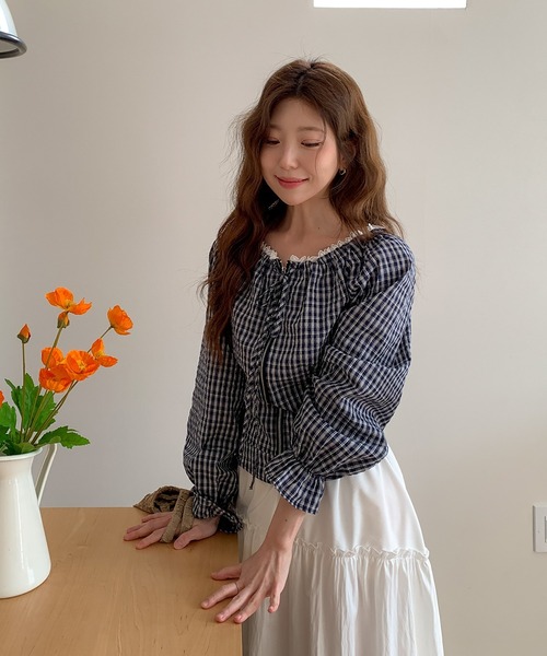 LAFFMO（ラフモ）の「チェック柄ジップアップレースブラウス（シャツ/ブラウス・レディース・ブラック/ライトブルー/ダークブルー・F）」の12枚目の写真
