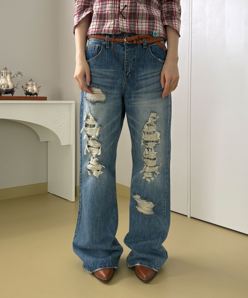 HERETIC(ヘレティック)の「DESTROYED CHECK BOOTCUT DENIM PANTS / blue(デニムパンツ・レディース・その他・1/2)」の1枚目の写真