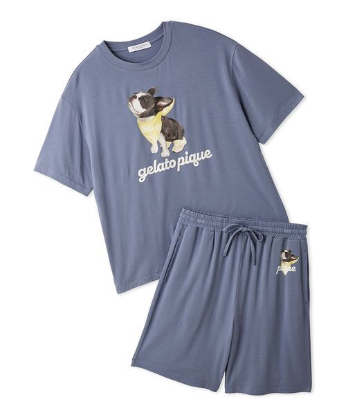 gelato pique(ジェラートピケ)の「【HOMME】【接触冷感】レーヨンボストンテリアワンポイントTシャツ&ハーフパンツセット(ルームウェア/パジャマ・メンズ・オフホワイト/ダークグレー/ネイビー・M/L)」の1枚目の写真