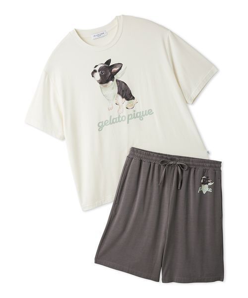 gelato pique(ジェラートピケ)の「【HOMME】【接触冷感】レーヨンボストンテリアワンポイントTシャツ&ハーフパンツセット(ルームウェア/パジャマ・メンズ・オフホワイト/ダークグレー/ネイビー・M/L)」の2枚目の写真