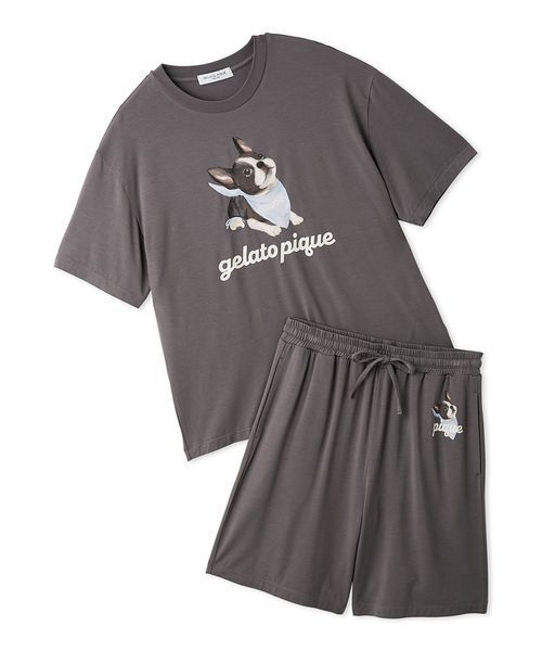 gelato pique(ジェラートピケ)の「【HOMME】【接触冷感】レーヨンボストンテリアワンポイントTシャツ&ハーフパンツセット(ルームウェア/パジャマ・メンズ・オフホワイト/ダークグレー/ネイビー・M/L)」の3枚目の写真