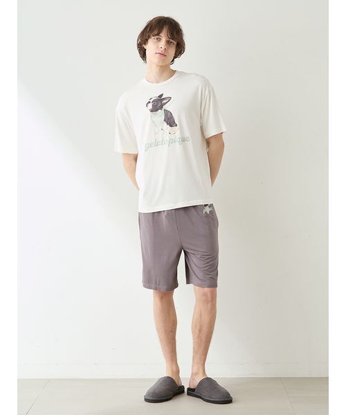 gelato pique(ジェラートピケ)の「【HOMME】【接触冷感】レーヨンボストンテリアワンポイントTシャツ&ハーフパンツセット(ルームウェア/パジャマ・メンズ・オフホワイト/ダークグレー/ネイビー・M/L)」の6枚目の写真