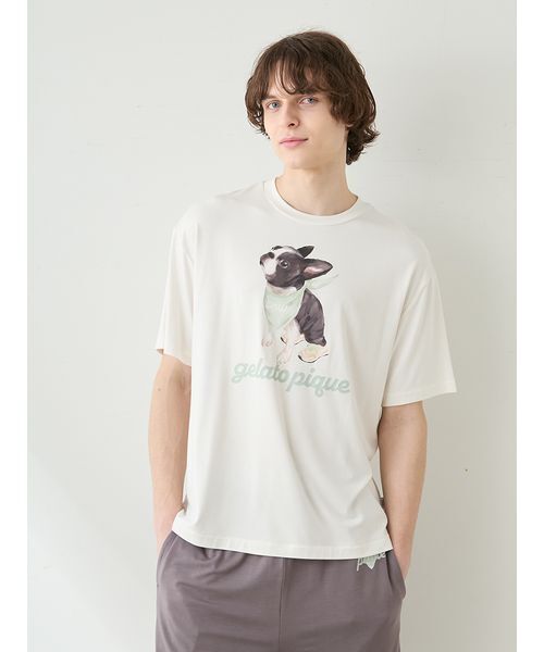 gelato pique(ジェラートピケ)の「【HOMME】【接触冷感】レーヨンボストンテリアワンポイントTシャツ&ハーフパンツセット(ルームウェア/パジャマ・メンズ・オフホワイト/ダークグレー/ネイビー・M/L)」の7枚目の写真