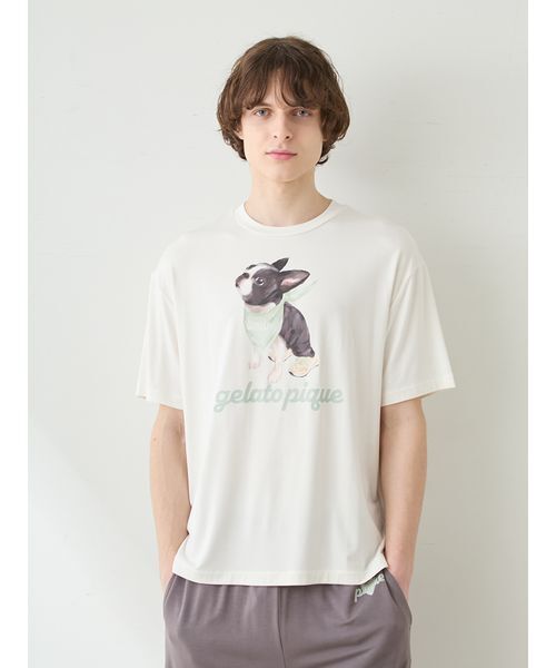 gelato pique(ジェラートピケ)の「【HOMME】【接触冷感】レーヨンボストンテリアワンポイントTシャツ&ハーフパンツセット(ルームウェア/パジャマ・メンズ・オフホワイト/ダークグレー/ネイビー・M/L)」の9枚目の写真