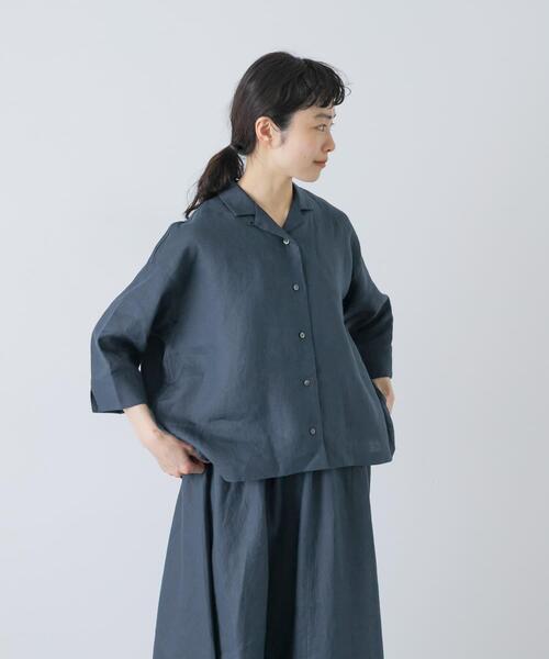 かぐれ(カグレ)の「リネン半袖オープンカラーシャツ(シャツ/ブラウス・レディース・ブルー系その他/ブラウン/ブラック・FREE)」の3枚目の写真