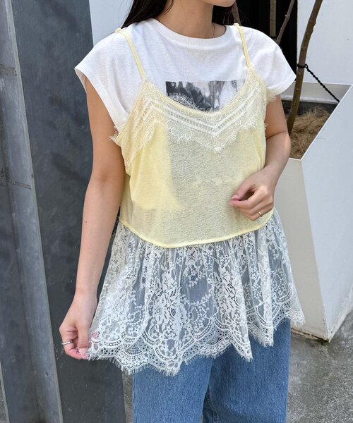 CIAOPANIC TYPY(チャオパニックティピー)の「裾レースドッキングシアーキャミチュニック(キャミソール・レディース・ホワイト/イエロー/ブラック・ONE SIZE)」の1枚目の写真