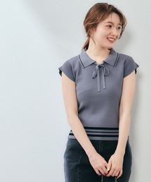 衿付き配色ラインニットプルオーバー