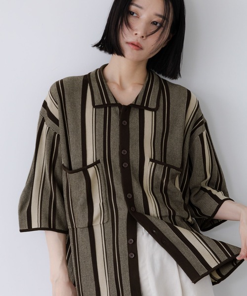 LOWRYS FARM（ローリーズファーム）の「【LFM(U)】マルチストライプニットシャツＳＳ　 903641（シャツ/ブラウス・メンズ・ブラウン/イエロー・MEDIUM/LARGE）」の2枚目の写真