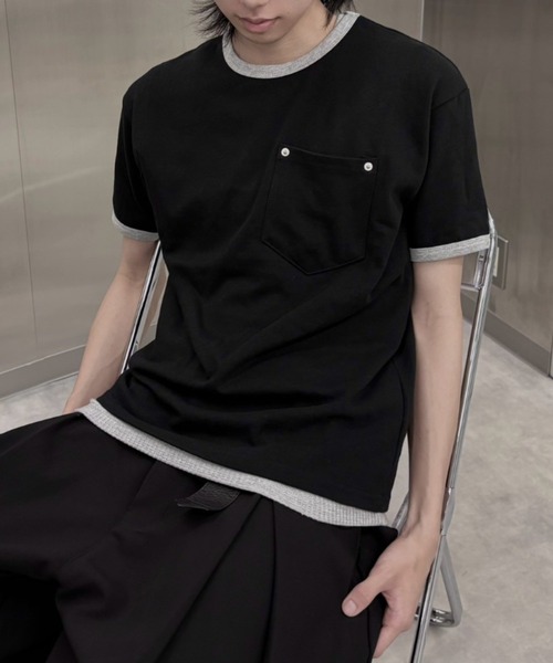 Never mind the XU / Chikashitsu+(ネバーマインド ザ エックスユー / チカシツプラス)の「【nmtc+】Washed Rivet Pocket Crop Slim Fit Tee / 【エヌエムティーシープラス】リベットポケットクロップスリムTシャツ(Tシャツ/カットソー・メンズ・ブラック/グレー・M)」の1枚目の写真