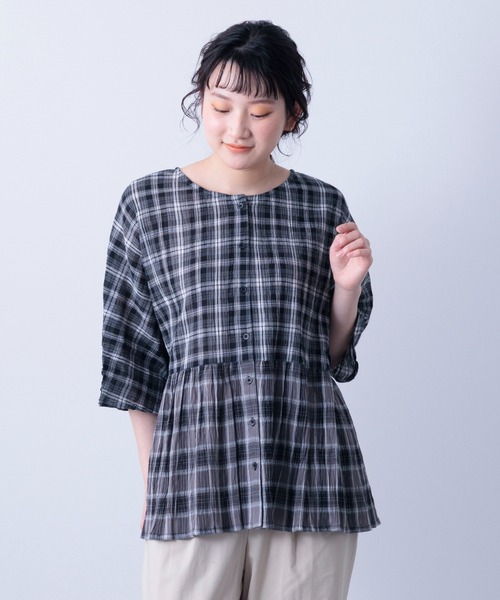 MARAI(マーライ)の「五分袖 コットン100% 前後2WAY チェックブラウス(シャツ/ブラウス・レディース・ブラック/ブラウン/ブルー・フリー)」の1枚目の写真