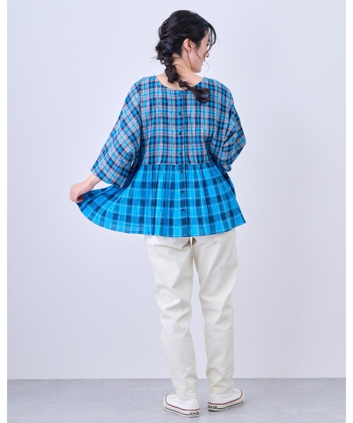 MARAI(マーライ)の「五分袖 コットン100% 前後2WAY チェックブラウス(シャツ/ブラウス・レディース・ブラック/ブラウン/ブルー・フリー)」の19枚目の写真