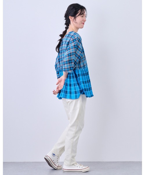 MARAI(マーライ)の「五分袖 コットン100% 前後2WAY チェックブラウス(シャツ/ブラウス・レディース・ブラック/ブラウン/ブルー・フリー)」の18枚目の写真