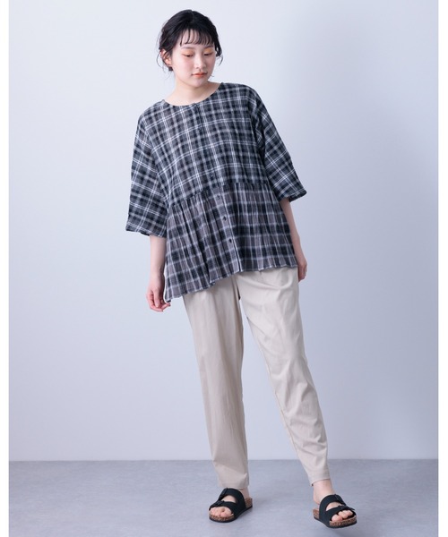 MARAI(マーライ)の「五分袖 コットン100% 前後2WAY チェックブラウス(シャツ/ブラウス・レディース・ブラック/ブラウン/ブルー・フリー)」の4枚目の写真
