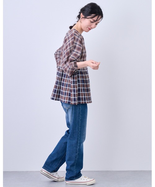 MARAI(マーライ)の「五分袖 コットン100% 前後2WAY チェックブラウス(シャツ/ブラウス・レディース・ブラック/ブラウン/ブルー・フリー)」の14枚目の写真