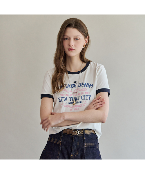 MAXZA(マージャコレクション)の「ヴィンテージビーズレタリングリンガーTシャツ(Tシャツ/カットソー・レディース・ブルー/ホワイト・FREE)」の1枚目の写真