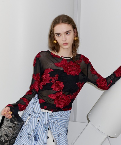 yae（ヤエ）の「Flower embroidery sheer top / フラワーエンブロイダリートップ（Tシャツ/カットソー・レディース・ベージュ/レッド・FREE）」の19枚目の写真