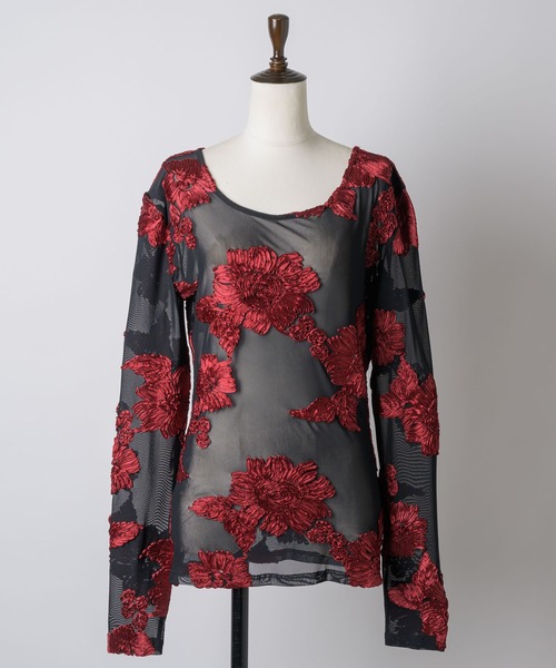 yae（ヤエ）の「Flower embroidery sheer top / フラワーエンブロイダリートップ（Tシャツ/カットソー・レディース・ベージュ/レッド・FREE）」の22枚目の写真