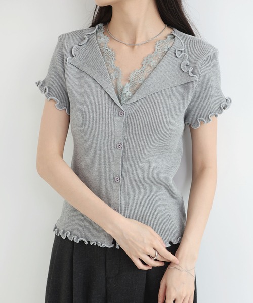 MAISON DE THERESE(メゾン ド テレーズ)の「レースドッキング Vネック半袖ニットカーディガン リブ素材(ニット/セーター・レディース・アイボリー/GRAY・FREE)」の2枚目の写真