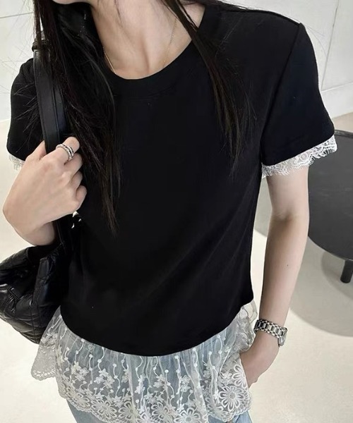 LUCPY(ラクピー)の「レースドッキング半袖トップス(その他トップス・レディース・ブラック/ホワイト/グレー・MEDIUM/XX-LARGE/X-LARGE/LARGE)」の2枚目の写真
