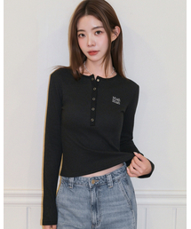 ワッフルヘンリーネック長袖Tシャツ[ブラック]