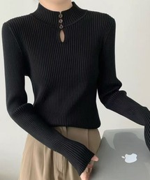 キーホールデザイン 長袖リブ ハイネックリブニットプルオーバー 【オフィスカジュアル】【きれいめカジュアル】 春服 秋服 冬服 レディース韓国風