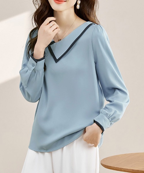 ONEP STAR(ワンピスター)の「配色パイピング変形カラーシャツブラウス(シャツ/ブラウス・レディース・ブルー・X-LARGE/LARGE/MEDIUM)」の4枚目の写真