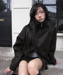 MOMU フェイクレザーオーバーハイネックバックルジャケット