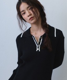 contrast line polo rib knit / バイカラーラインポロリブニットトップス