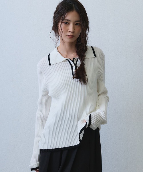 Clum（クルム）の「contrast line polo rib knit / バイカラーラインポロリブニットトップス（ニット/セーター・レディース・ブラック/ホワイト・SMALL/MEDIUM）」の3枚目の写真