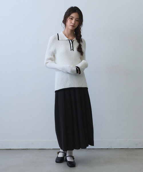 Clum（クルム）の「contrast line polo rib knit / バイカラーラインポロリブニットトップス（ニット/セーター・レディース・ブラック/ホワイト・SMALL/MEDIUM）」の5枚目の写真