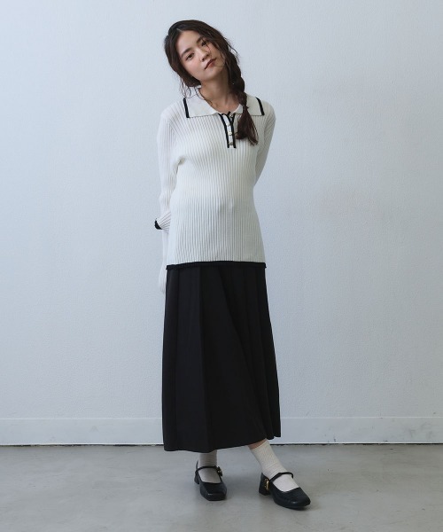 Clum（クルム）の「contrast line polo rib knit / バイカラーラインポロリブニットトップス（ニット/セーター・レディース・ブラック/ホワイト・SMALL/MEDIUM）」の6枚目の写真