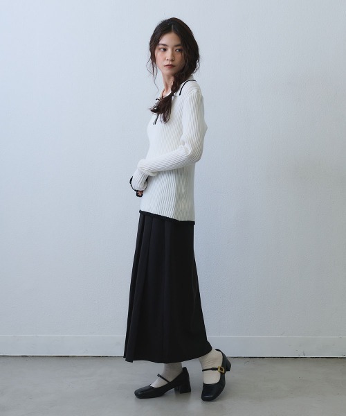 Clum（クルム）の「contrast line polo rib knit / バイカラーラインポロリブニットトップス（ニット/セーター・レディース・ブラック/ホワイト・SMALL/MEDIUM）」の7枚目の写真
