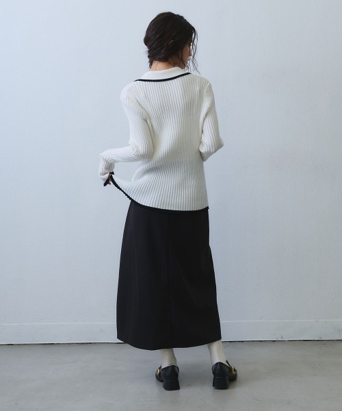 Clum（クルム）の「contrast line polo rib knit / バイカラーラインポロリブニットトップス（ニット/セーター・レディース・ブラック/ホワイト・SMALL/MEDIUM）」の8枚目の写真