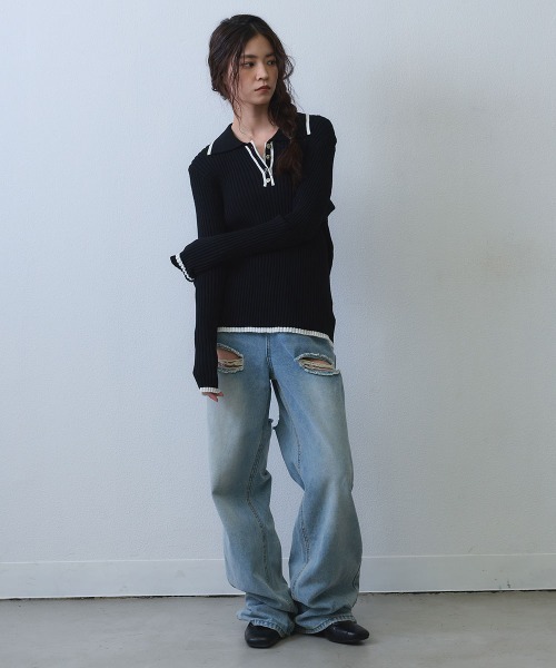 Clum（クルム）の「contrast line polo rib knit / バイカラーラインポロリブニットトップス（ニット/セーター・レディース・ブラック/ホワイト・SMALL/MEDIUM）」の12枚目の写真