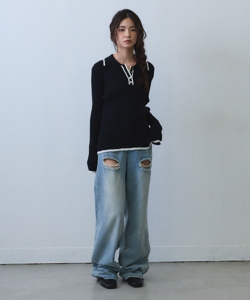 Clum（クルム）の「contrast line polo rib knit / バイカラーラインポロリブニットトップス（ニット/セーター・レディース・ブラック/ホワイト・SMALL/MEDIUM）」の13枚目の写真