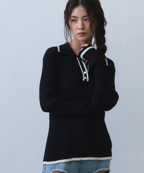 Clum（クルム）の「contrast line polo rib knit / バイカラーラインポロリブニットトップス（ニット/セーター・レディース・ブラック/ホワイト・SMALL/MEDIUM）」の10枚目の写真