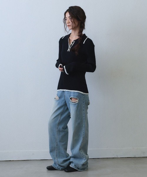 Clum（クルム）の「contrast line polo rib knit / バイカラーラインポロリブニットトップス（ニット/セーター・レディース・ブラック/ホワイト・SMALL/MEDIUM）」の14枚目の写真