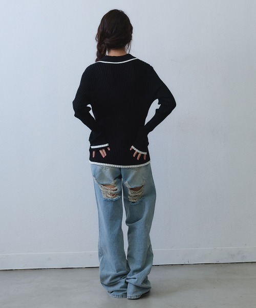Clum（クルム）の「contrast line polo rib knit / バイカラーラインポロリブニットトップス（ニット/セーター・レディース・ブラック/ホワイト・SMALL/MEDIUM）」の15枚目の写真