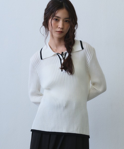 Clum（クルム）の「contrast line polo rib knit / バイカラーラインポロリブニットトップス（ニット/セーター・レディース・ブラック/ホワイト・SMALL/MEDIUM）」の16枚目の写真