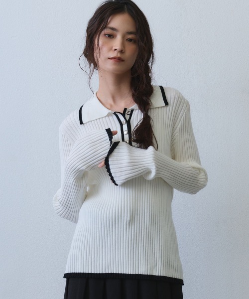 Clum（クルム）の「contrast line polo rib knit / バイカラーラインポロリブニットトップス（ニット/セーター・レディース・ブラック/ホワイト・SMALL/MEDIUM）」の17枚目の写真